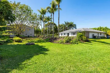 Back lawn with a fire pit, fruit trees and the rear of the house