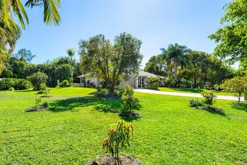 Wide front lawn planted with young fruit trees, the house set back from the road