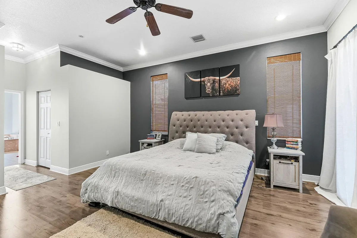 Primary bedroom with tray ceiling, accent wall and upholstered bed